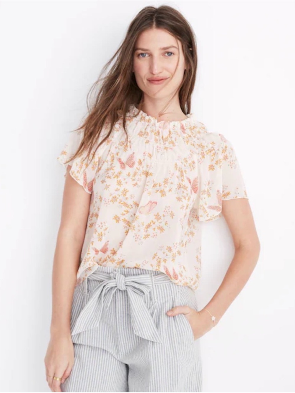 Madewell Cream Off-Shoulder Floral & Butterfly Blouse